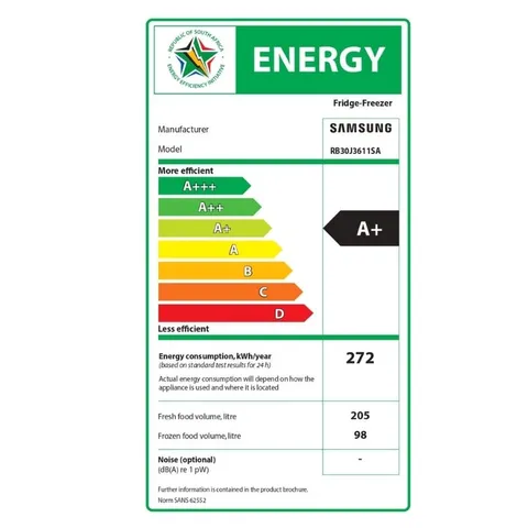 Samsung 303L Bottom Freezer RB30J3611SA Energy Label